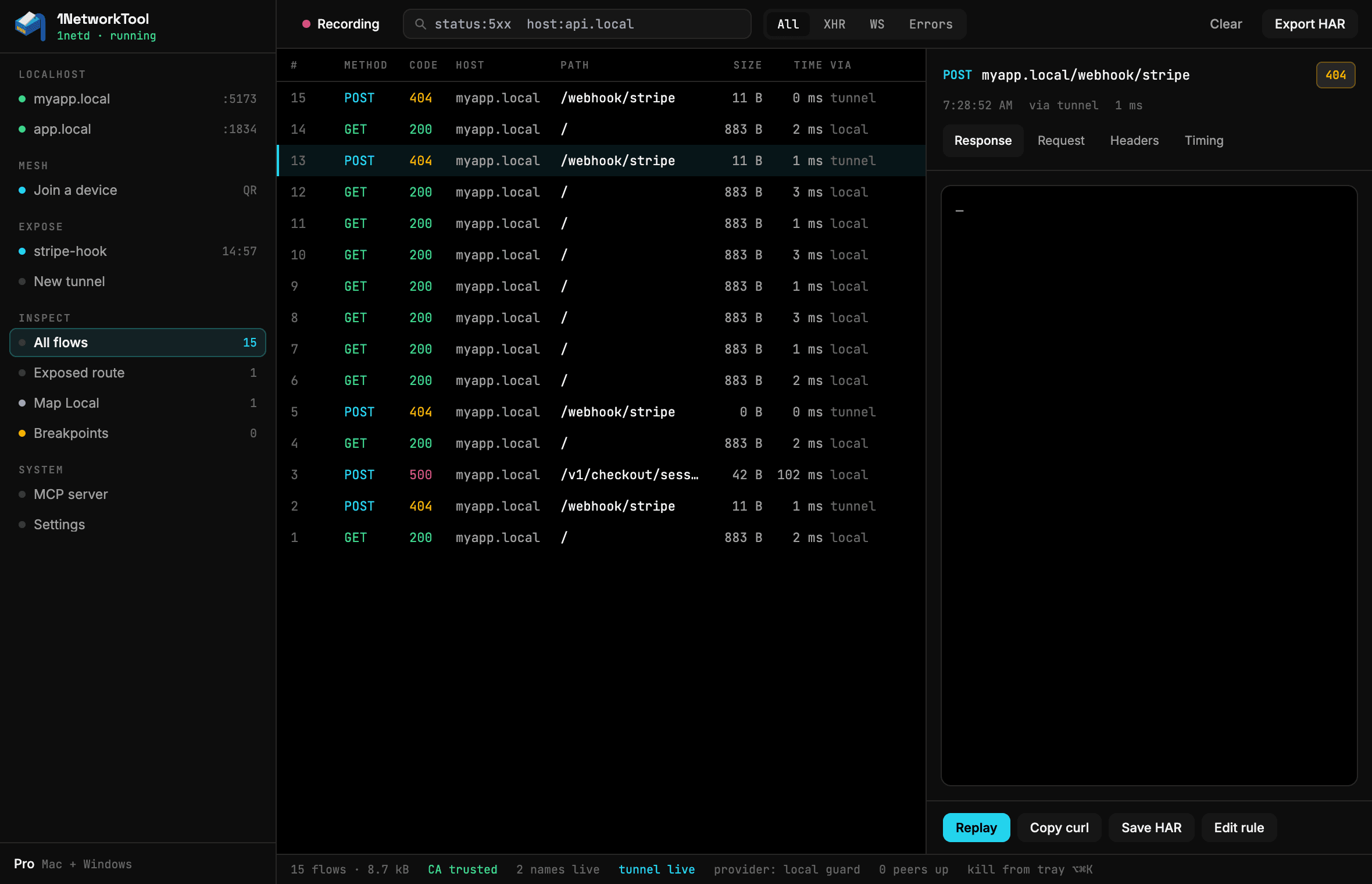 Inspect view filtering status:5xx on host:api.local, with Stripe webhook POSTs in the list.